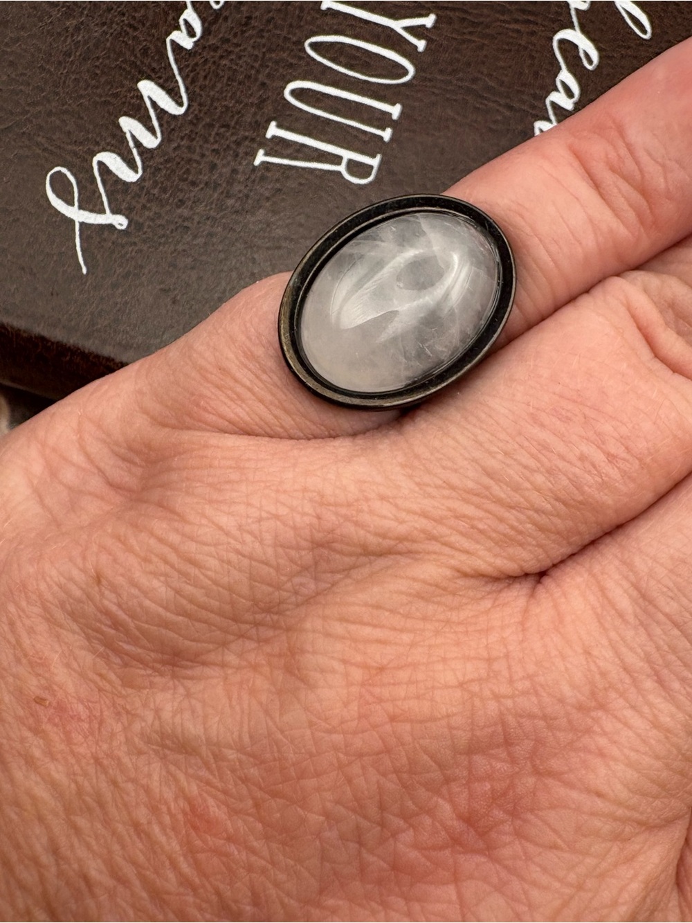 Handmade White Quartz Adjustable Black Statement Ring